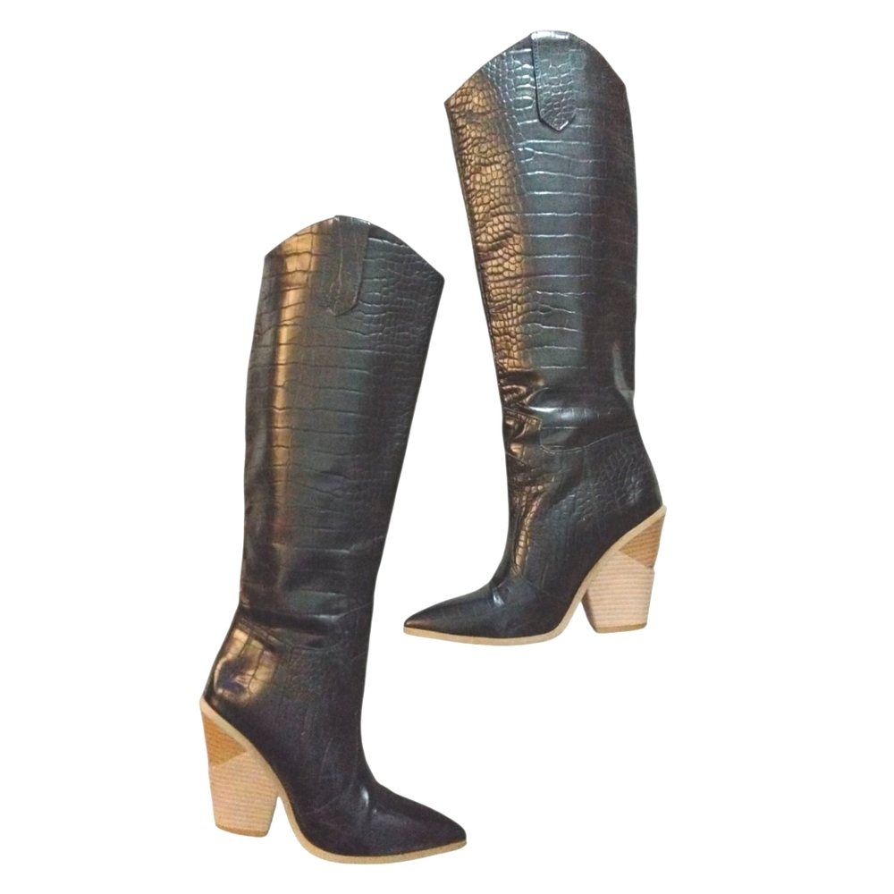 Knee High Black Cowboy Boots Crocodile Embossed Western Boots Size 6